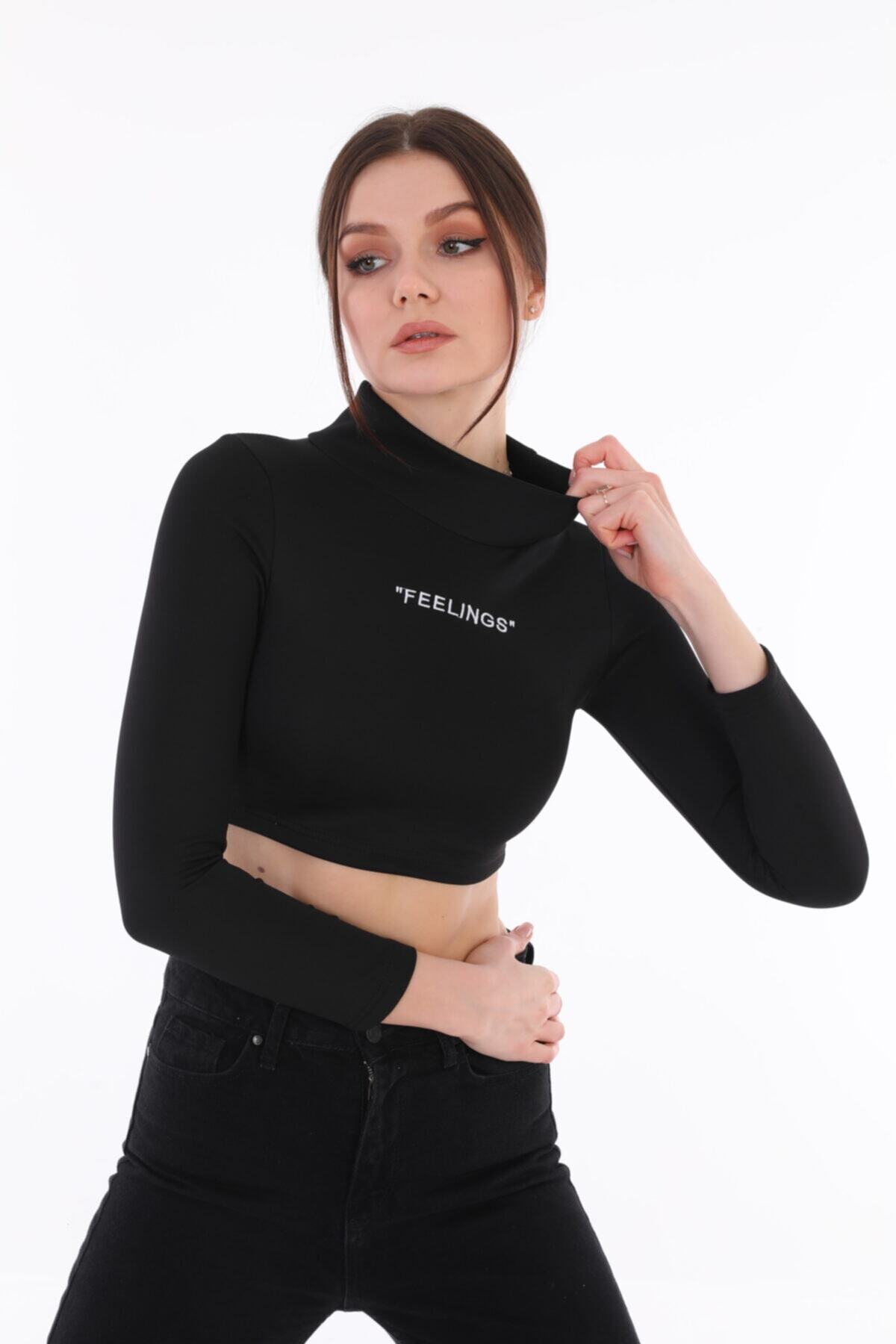 JellyBon Bayan Siyah Feelings Dalgıç Crop Bluz