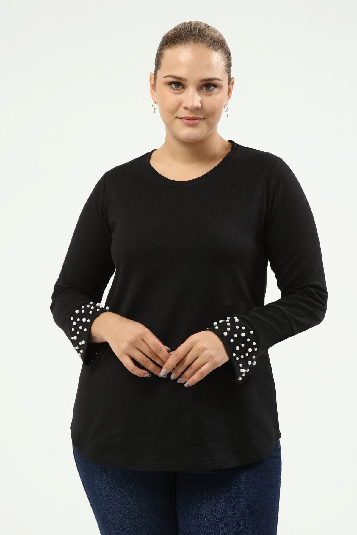 Gül Moda Kol Uçları Inci Detaylı Büyük Beden Siyah Bluz Pearl G073-1