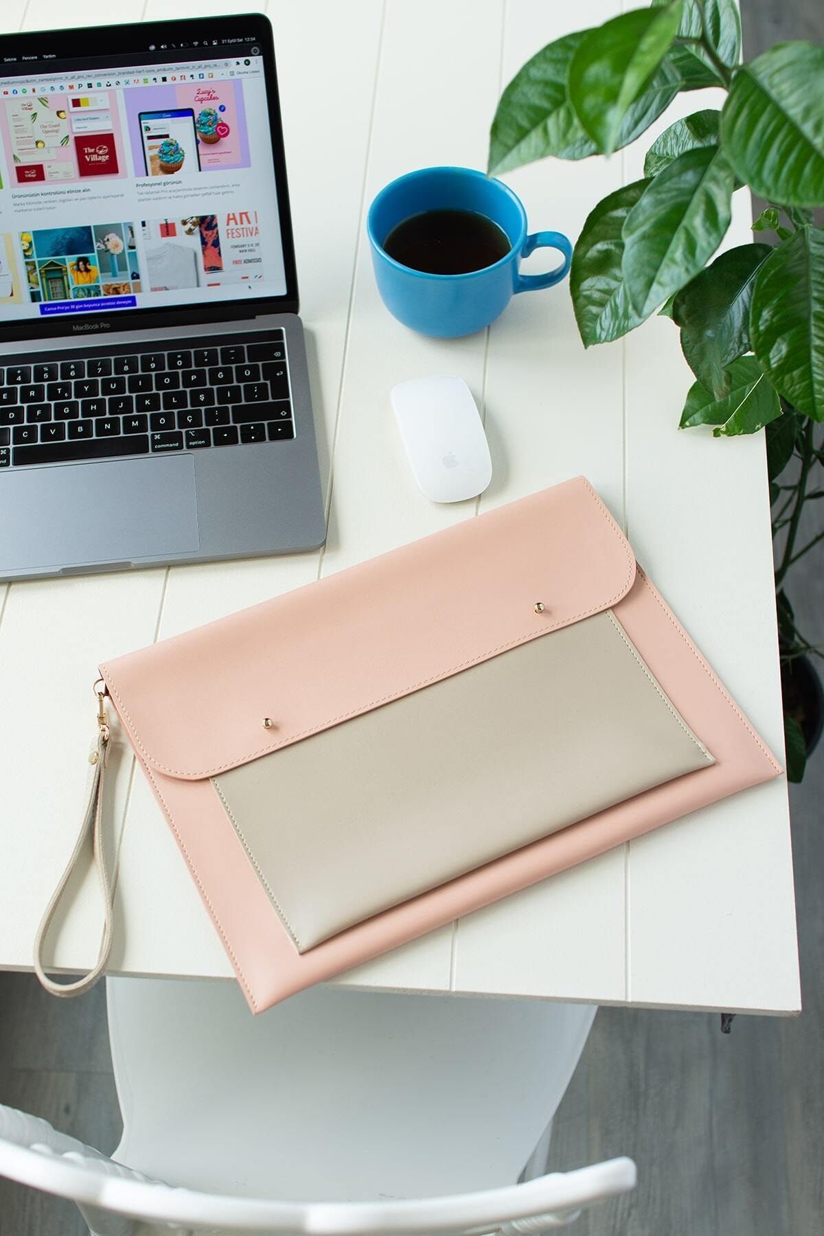 dk leather Huawei Matebook 14 Inch Pembe Krem Su Geçirmez Laptop Kılıfı Evrak Çantası El Portoyu