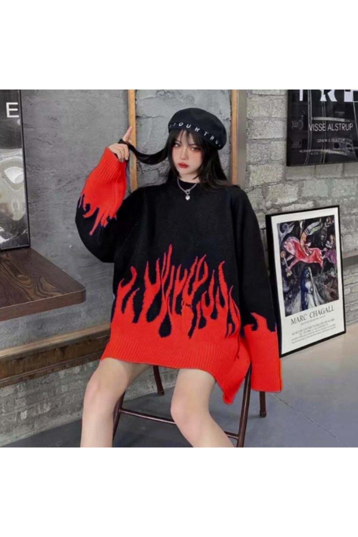 Touz Moda Kırmızı-siyah Flame Alev Oversize Kazak
