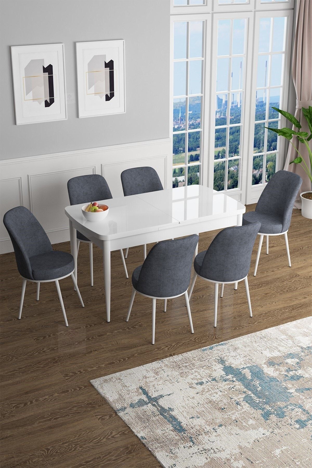 Canisa Concept Han Serisi 70x114, Açılabilir Mdf Mutfak Masa Takımı, Beyaz Masa Ve 6 Füme Sandalye