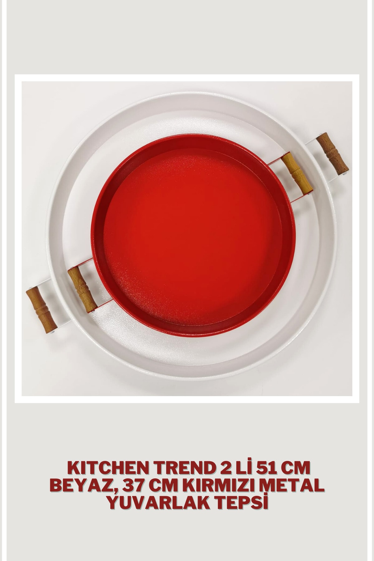 kitchen trend 51 Cm Beyaz 37 Cm Kırmızı 2 Li Metal Yuvarlak Tepsi Sunum Tepsisi Çay Kahve Tepsisi
