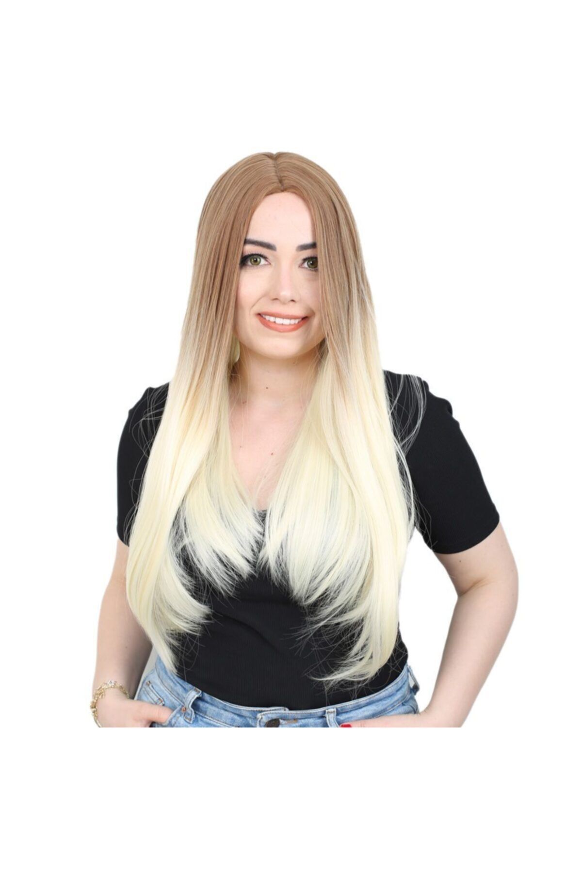 Suzan Peruk Fiber Sentetik Uzun Düz Peruk - Balköpüğü / Platin Ombreli