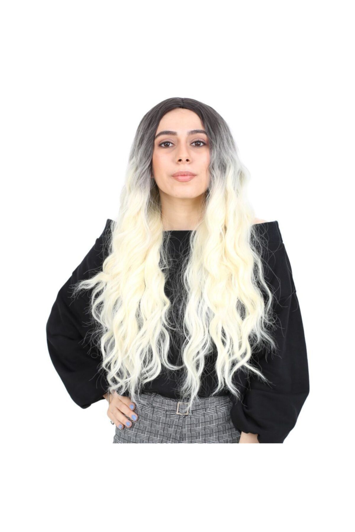 Suzan Peruk Fiber Sentetik Uzun Su Dalgası Peruk - Açık Siyah / Platin Ombreli