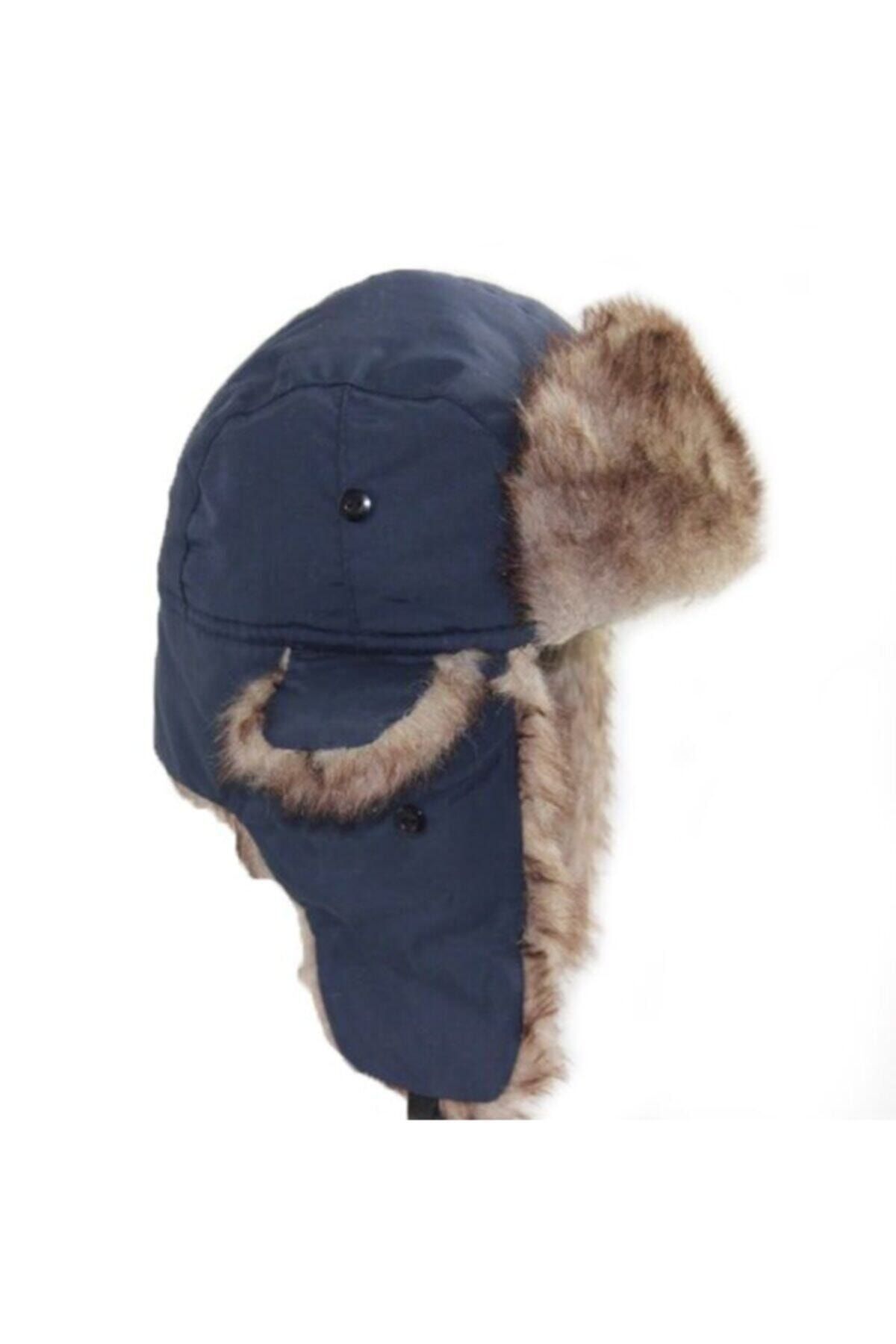 Shopiolog Unisex Faux Fur Winter Navy Blue Trapper Hat Trendyol