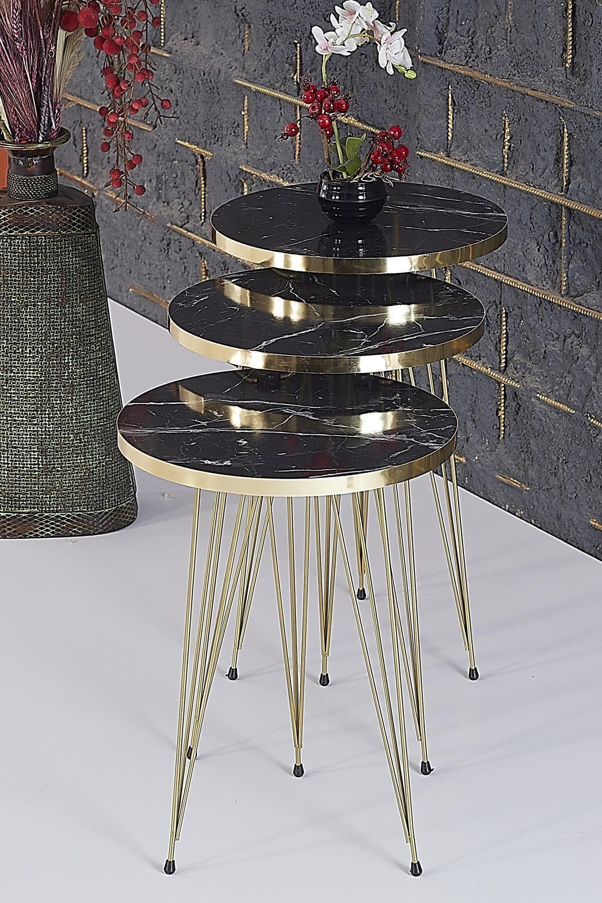 RuponHome Rupon Home 3 Lü Zigon Sehpa- Yuvarlak Siyah Mermer Desenli Gold Metal Ayak