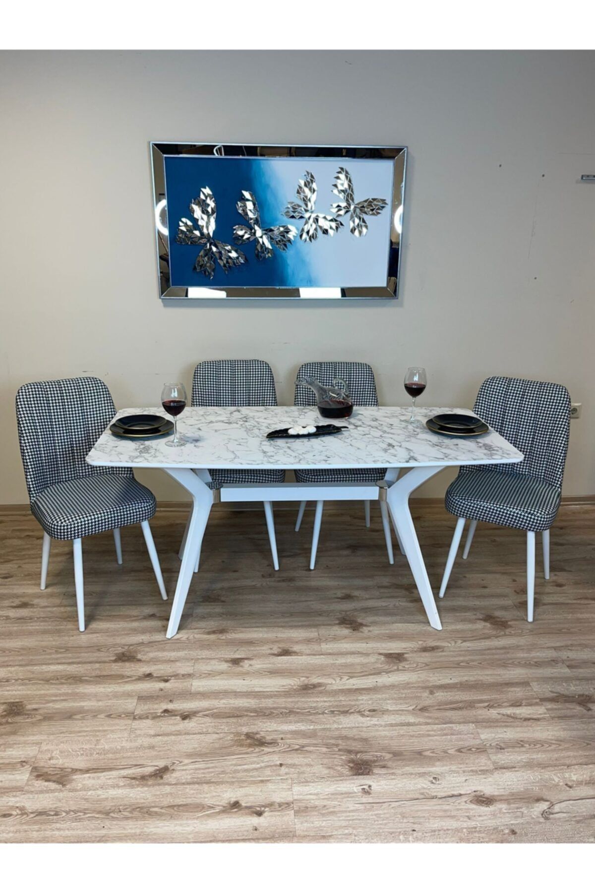 Dimassi Valentino Masa Mdf Beyaz Mermer Desenli Krom Kaplama Yemek Salon Çalışma Masası