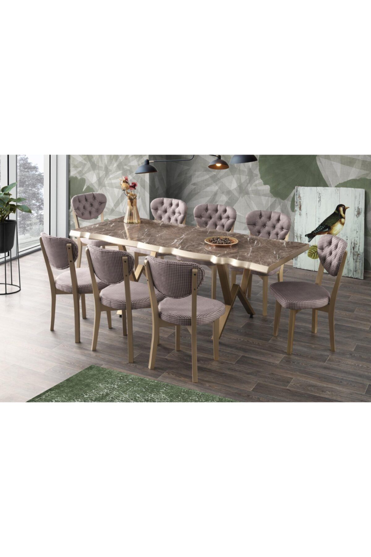 Sweet Home Kütük Masa Elvira Gold 8 Adet Gala Sandalye Salon Takımı