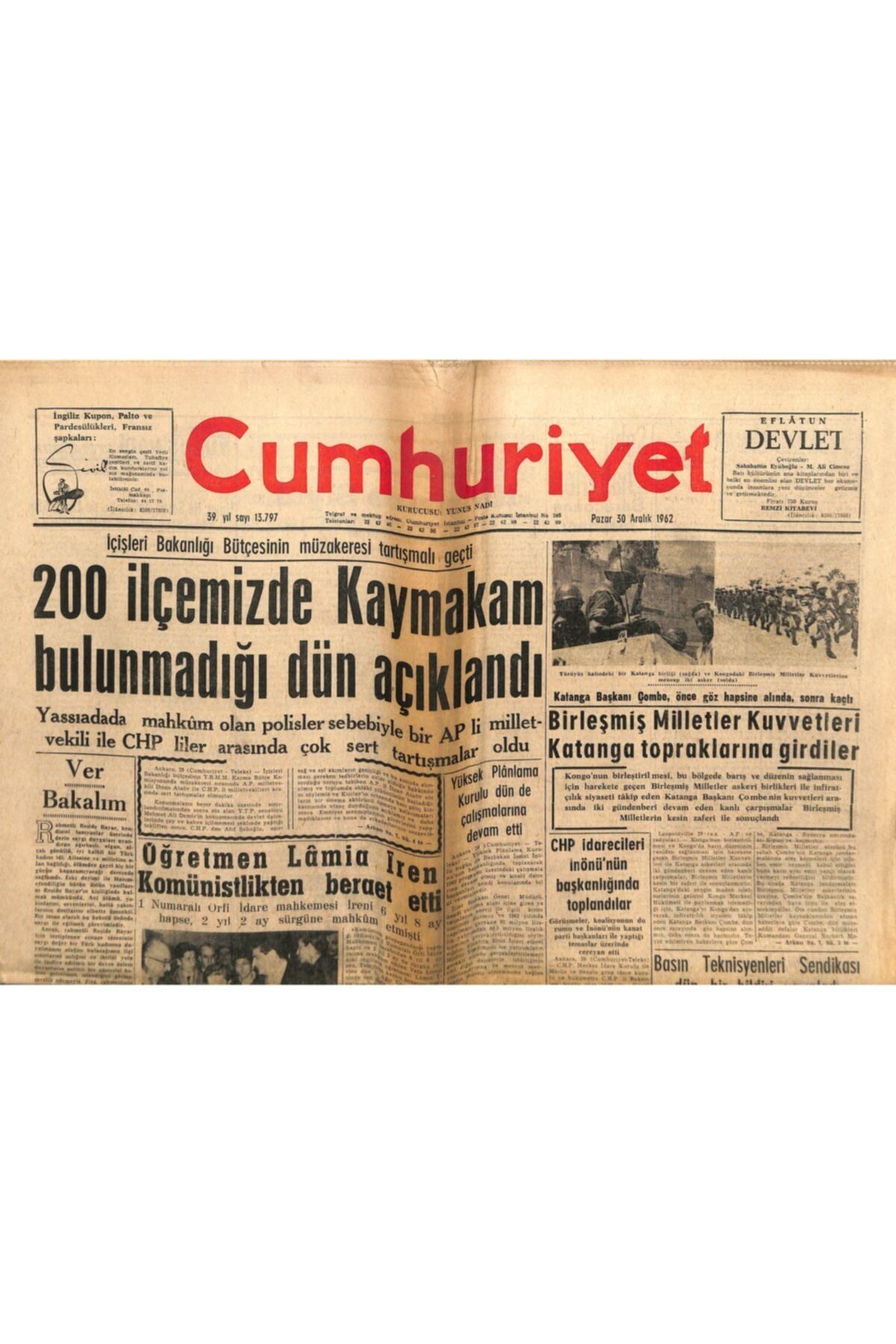 Gökçe Koleksiyon Cumhuriyet Gazetesi 30 Aralık 1962 - 200 Ilçemizde Kaymakam Bulunmadığı Açıklandı