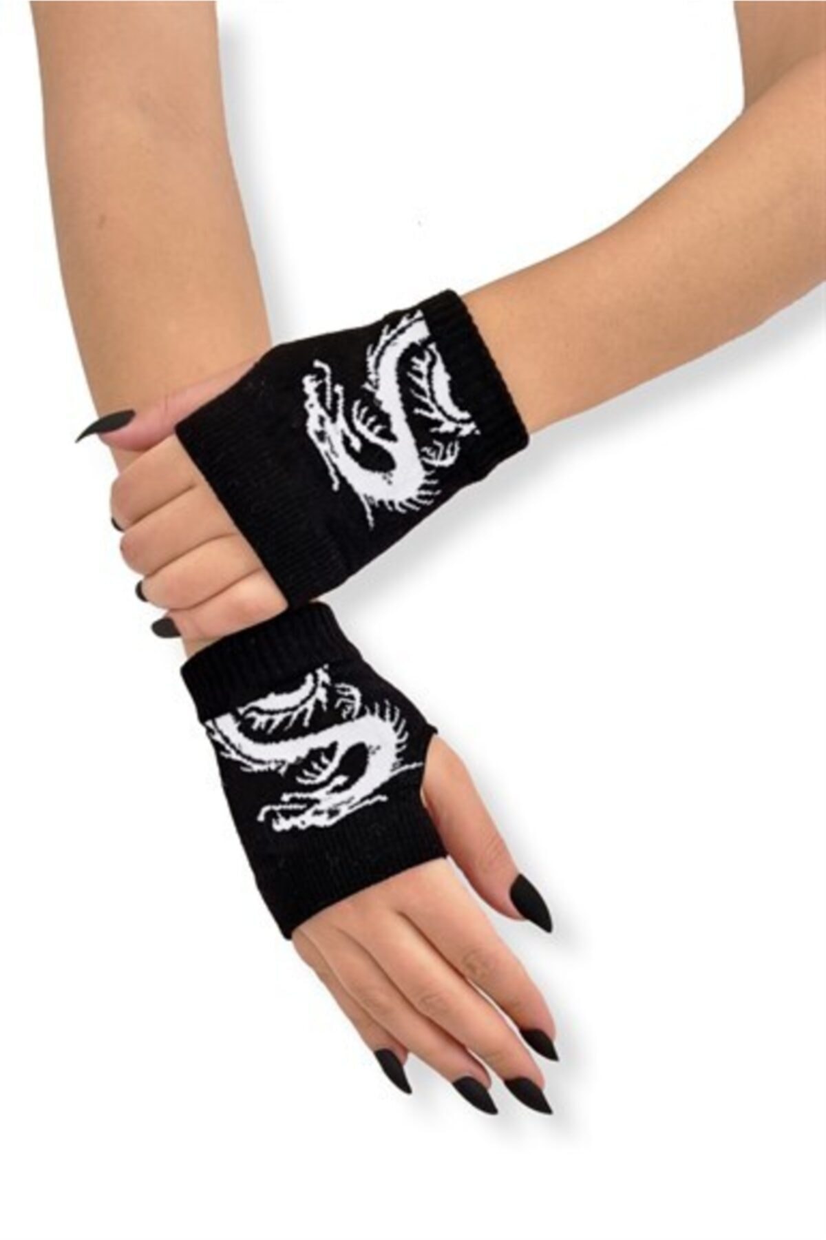 Köstebek Gothic White Dragon Ejderha Tek Parmak Kısa Unisex Eldiven