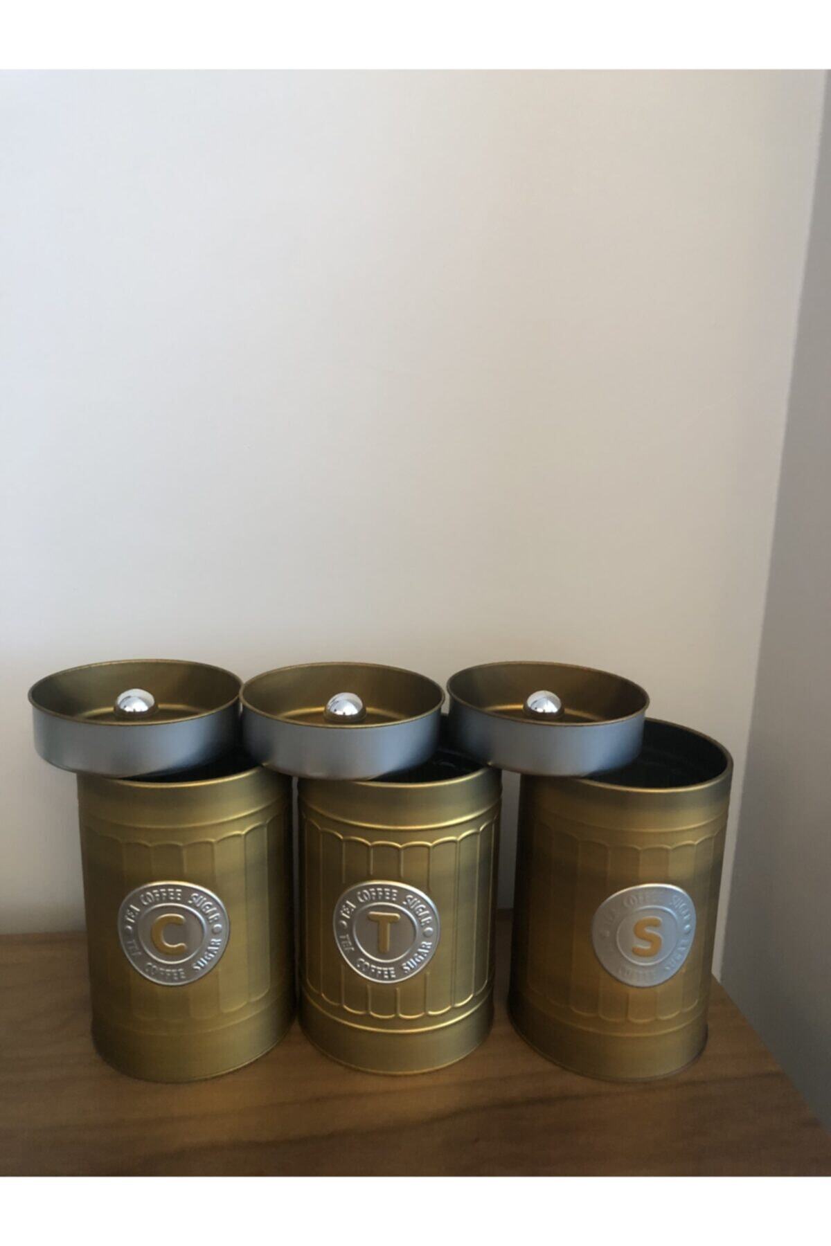 Nil Hobi 3’lü Metal Kavanoz Çay Kahve Şeker Kavanozu Gold