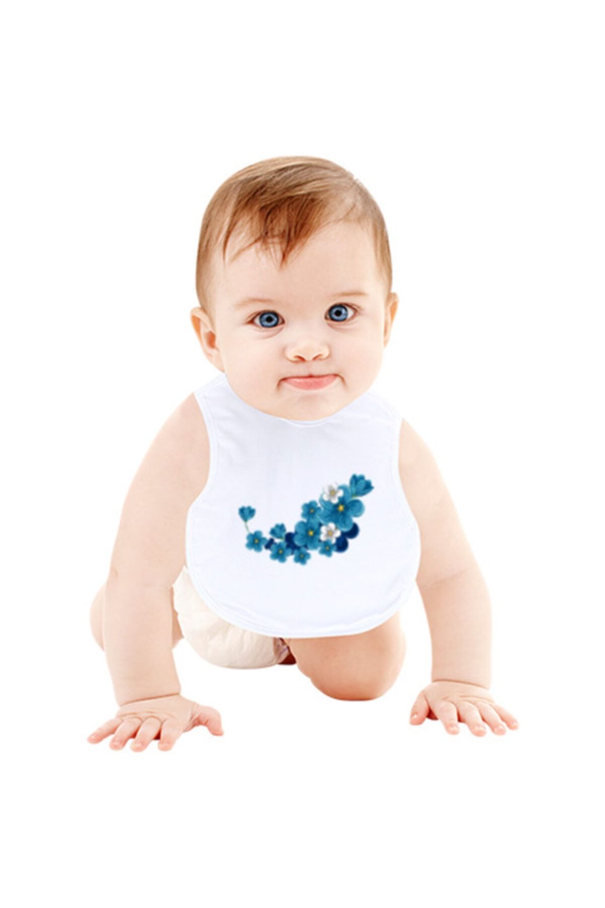 Tisho Mavi Çiçekli Beyaz Bebek Mama Önlüğü