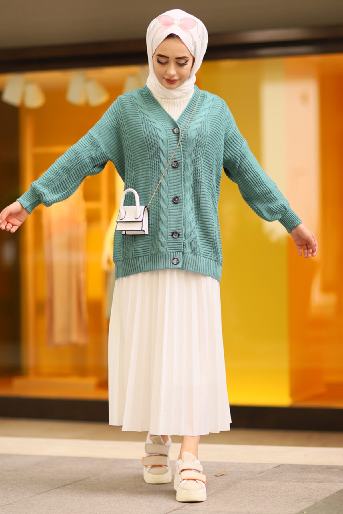 Moda Sahra Örgü Desen Triko Tesettür Hırka Koyu Turkuaz