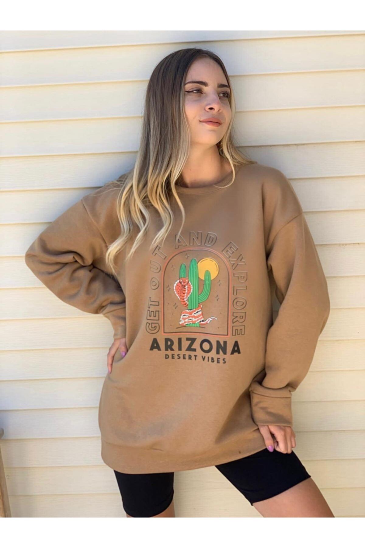 K&H TWENTYONE Kadın Açık Kahve Oversize Arizona Baskılı Sweatshirt