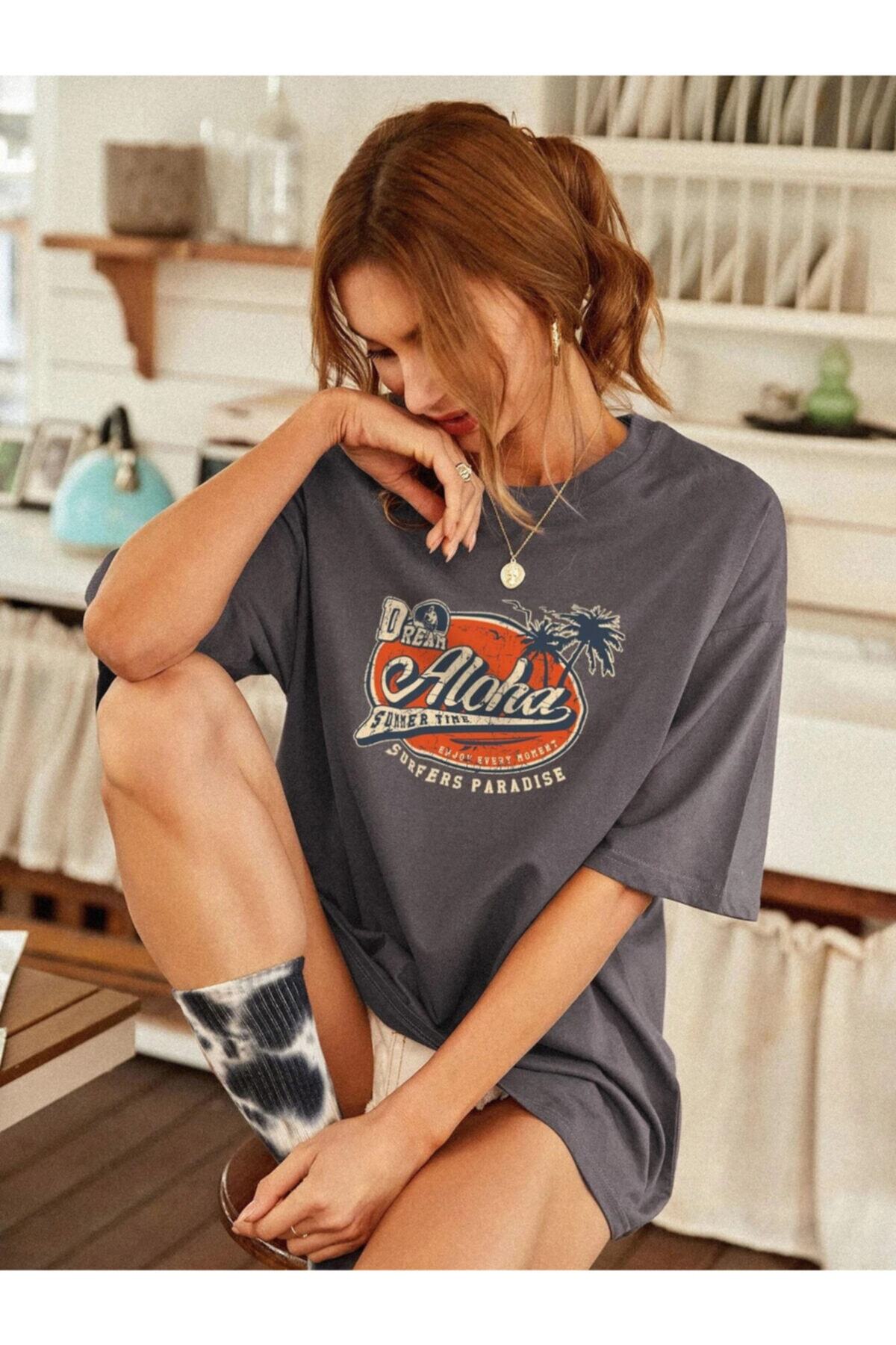 K&H TWENTYONE Kadın Füme Aloha Baskılı Oversıze Tshırt