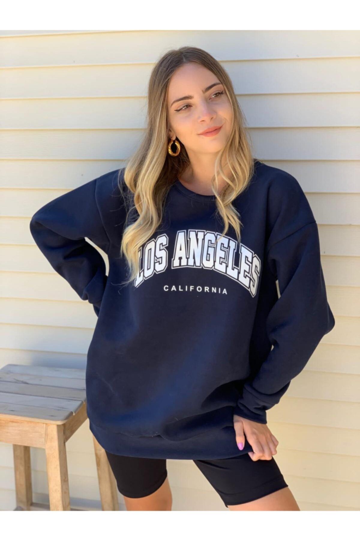 K&H TWENTYONE Kadın Lacivert Oversize Los Angeles Baskılı Sweatshirt