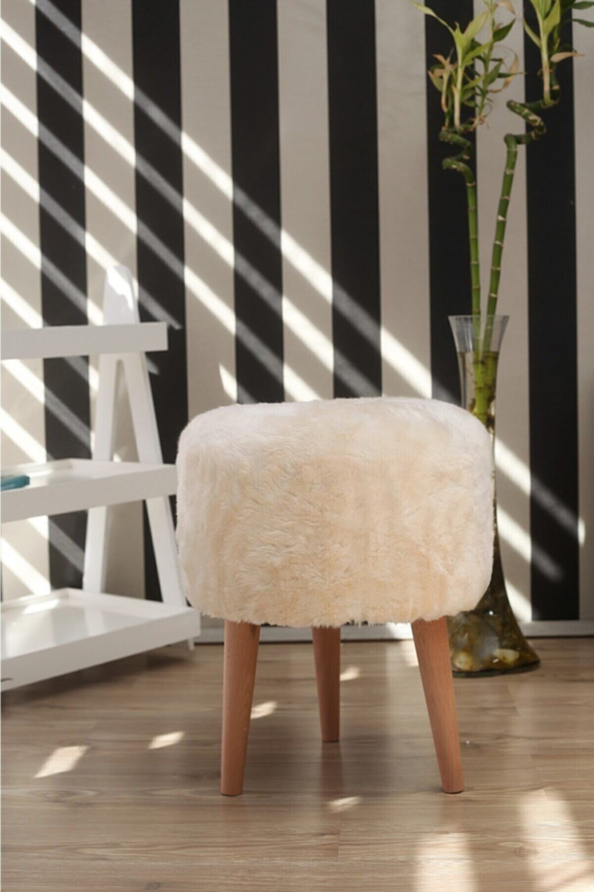 Velve Home Ahşap Ayaklı Peluş Puf