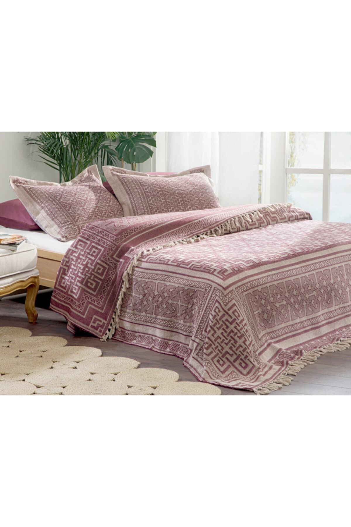 English Home Greek Key Jakarlı Dokuma Tek Kişilik Yatak Örtüsü Takımı 160x240 Cm Mürdüm