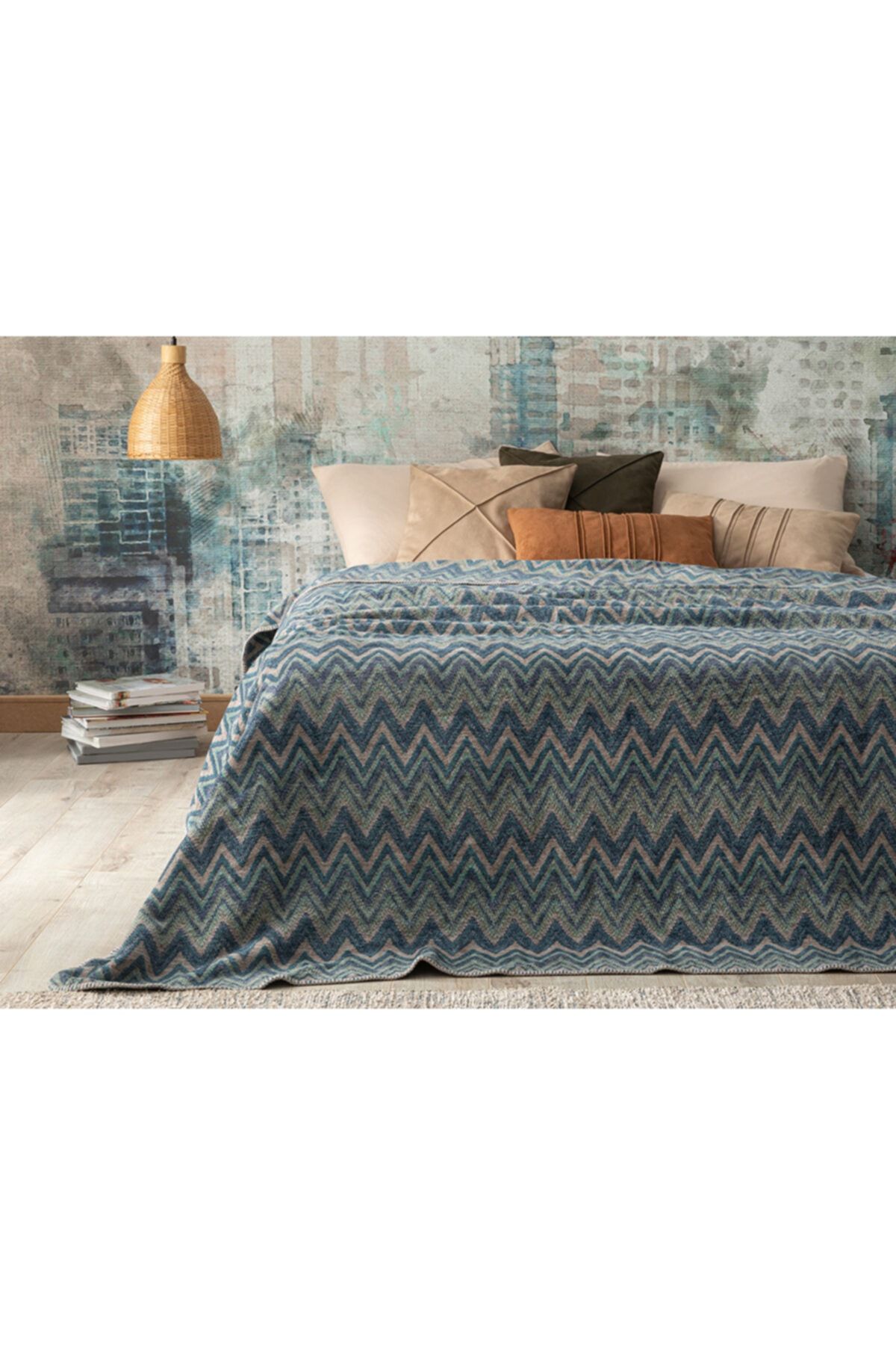 English Home Cult Zigzag Pamuklu Çift Kişilik Battaniye 200x220 Cm Mavi