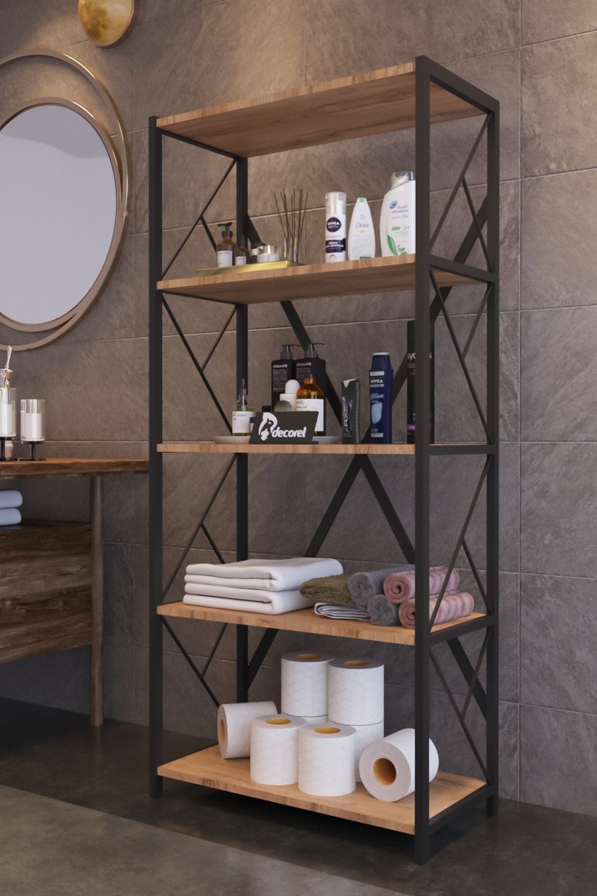 Morpanya Mony Metal 5 Raflı Banyo Düzenleyici Raf Deterjan Havlu Rafı Havluluk 150 Cm Ceviz