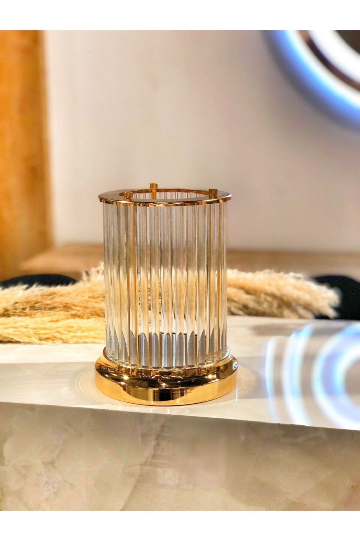 DEKORKMAZ Yuvarlak Altın Kristal Çubuklu Büyük Boy Mumluk