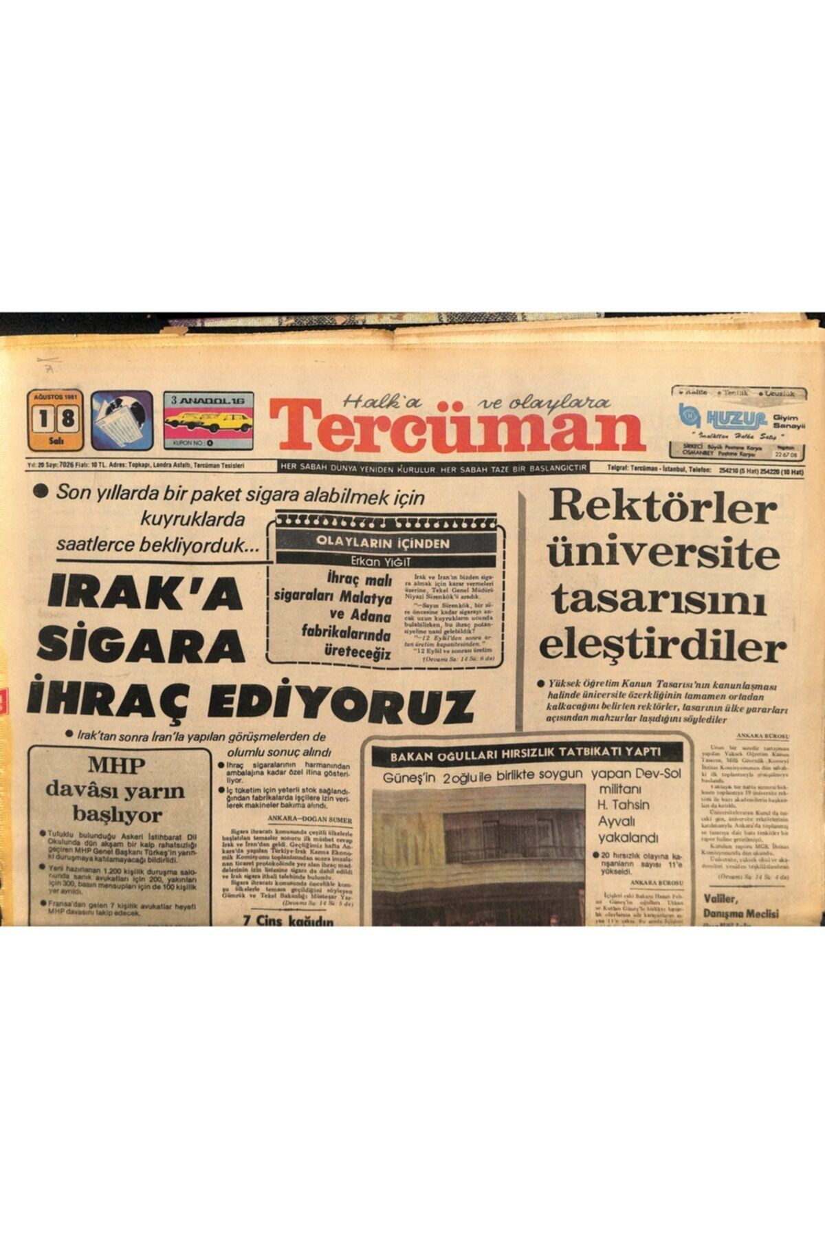 Gökçe Koleksiyon Tercüman Gazetesi 18 Ağustos 1981 Irak'a Sigara Ihraç Ediyoruz