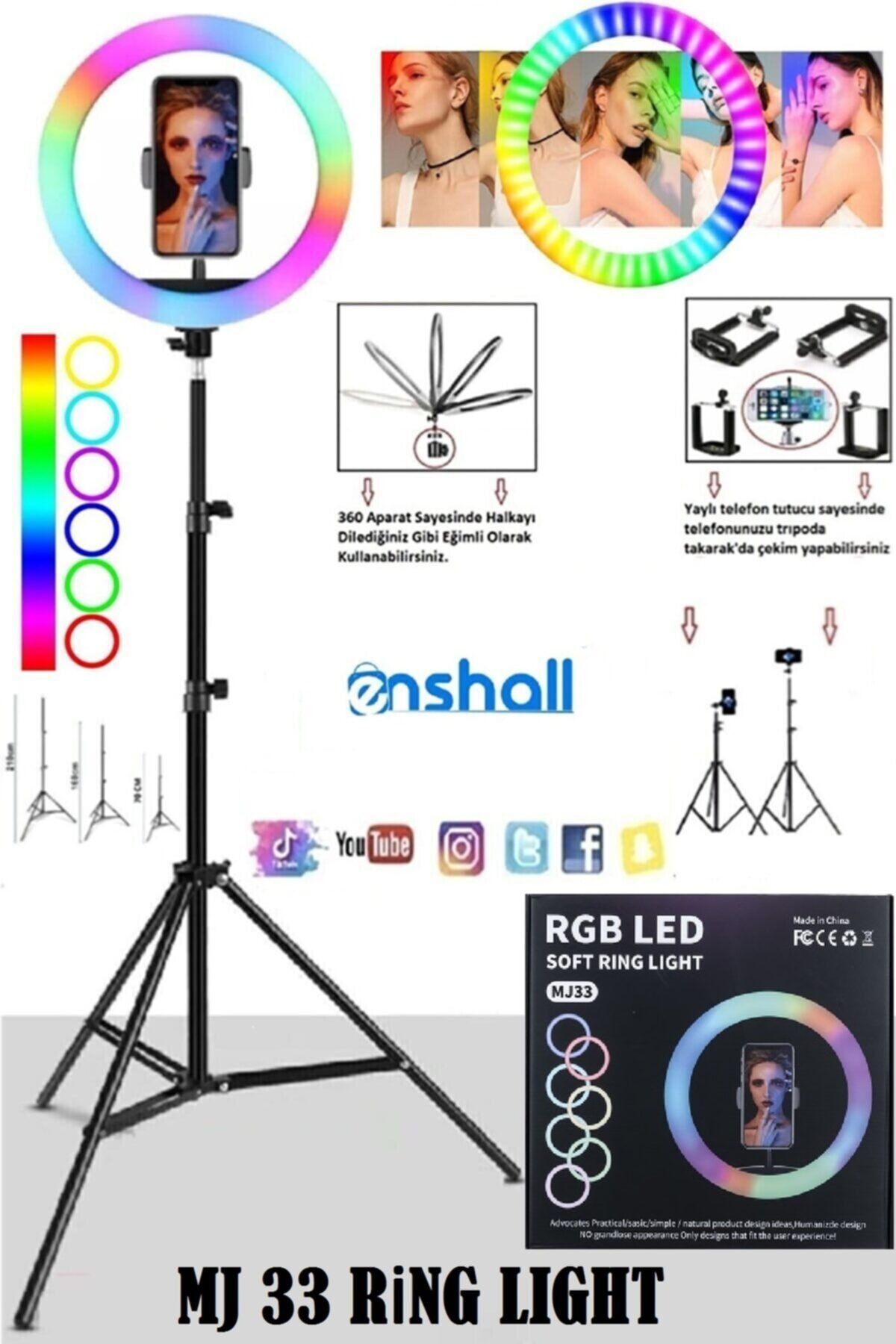 Enshall Rgb Tüm Renkler Ring Light Işık Led Youtuber Makyaj 33 cm 13''inch Led Video Güzellik Merkezi Işığı