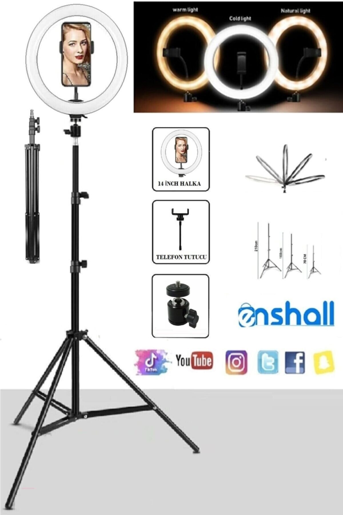 Enshall Led Tripod Işıklı Makyaj Işığı Ring Light 14 Inç + 2.1 Metre Tripod Led Işık Çekim Işığı