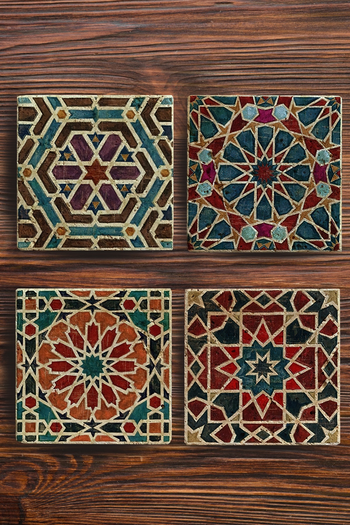 Begoloni Baskılı Doğal Taş Bardak Altlığı 4'lü Set 10x10x1 Cm Geometrik Desenler
