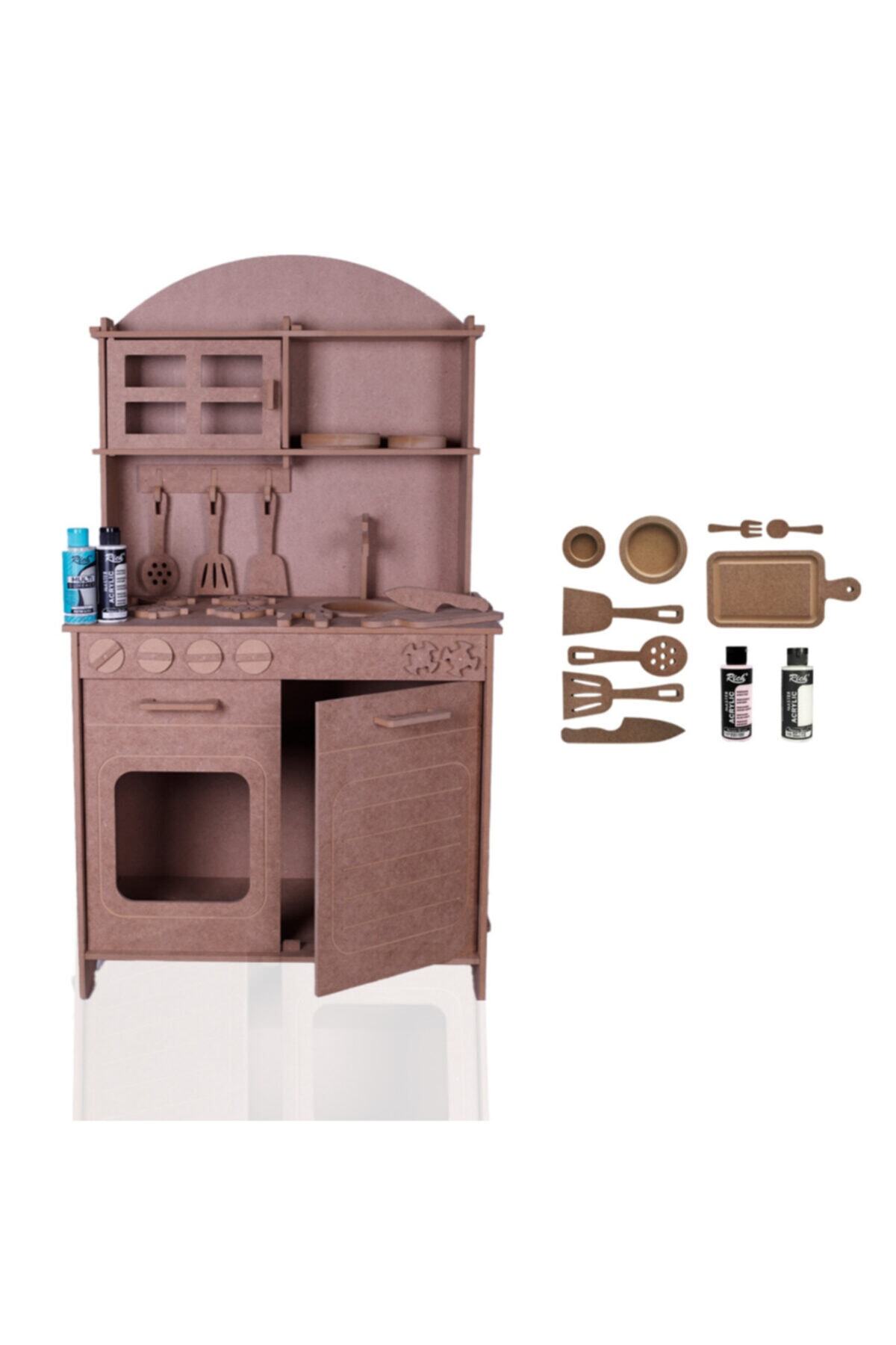 HOBBY HOUSE Ahşap Montessori Mutfak 2 Adet Boya + 9 Parça Servis Seti Hediyeli