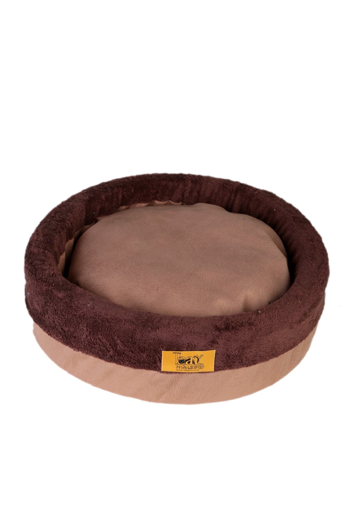 cathauses Kedi Köpek Yatağı, Yuvarlak Sünger Simit Yatak, Peluş Ve Lüks Koltuk Kumaşı, Koyu Bej-kahve