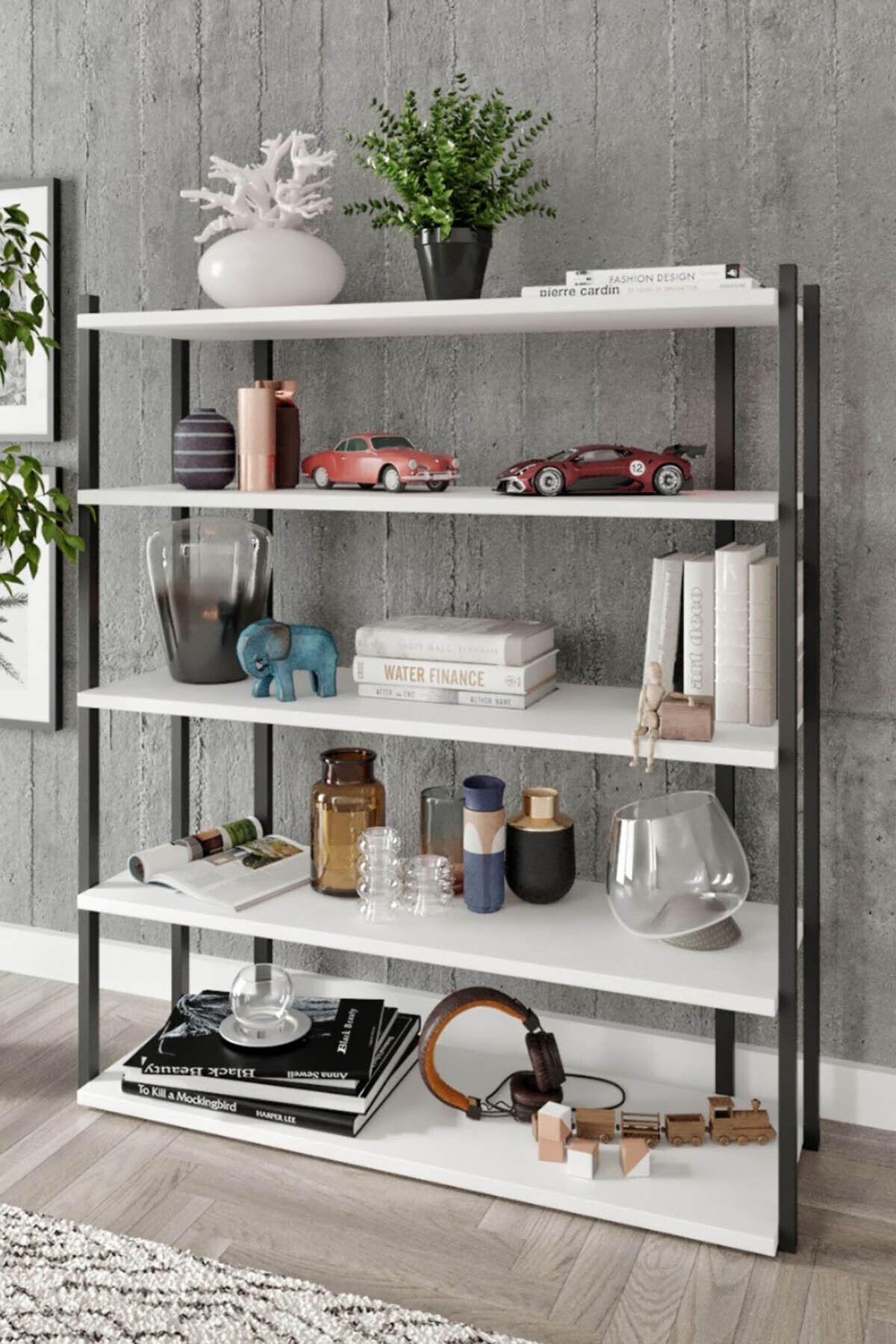 Else Halı Else Beyaz Siyah 5 Katlı Modern Ahşap Mdf Kitaplık Çok Amaçlı Dosya Kitap Ofis Salon Rafı