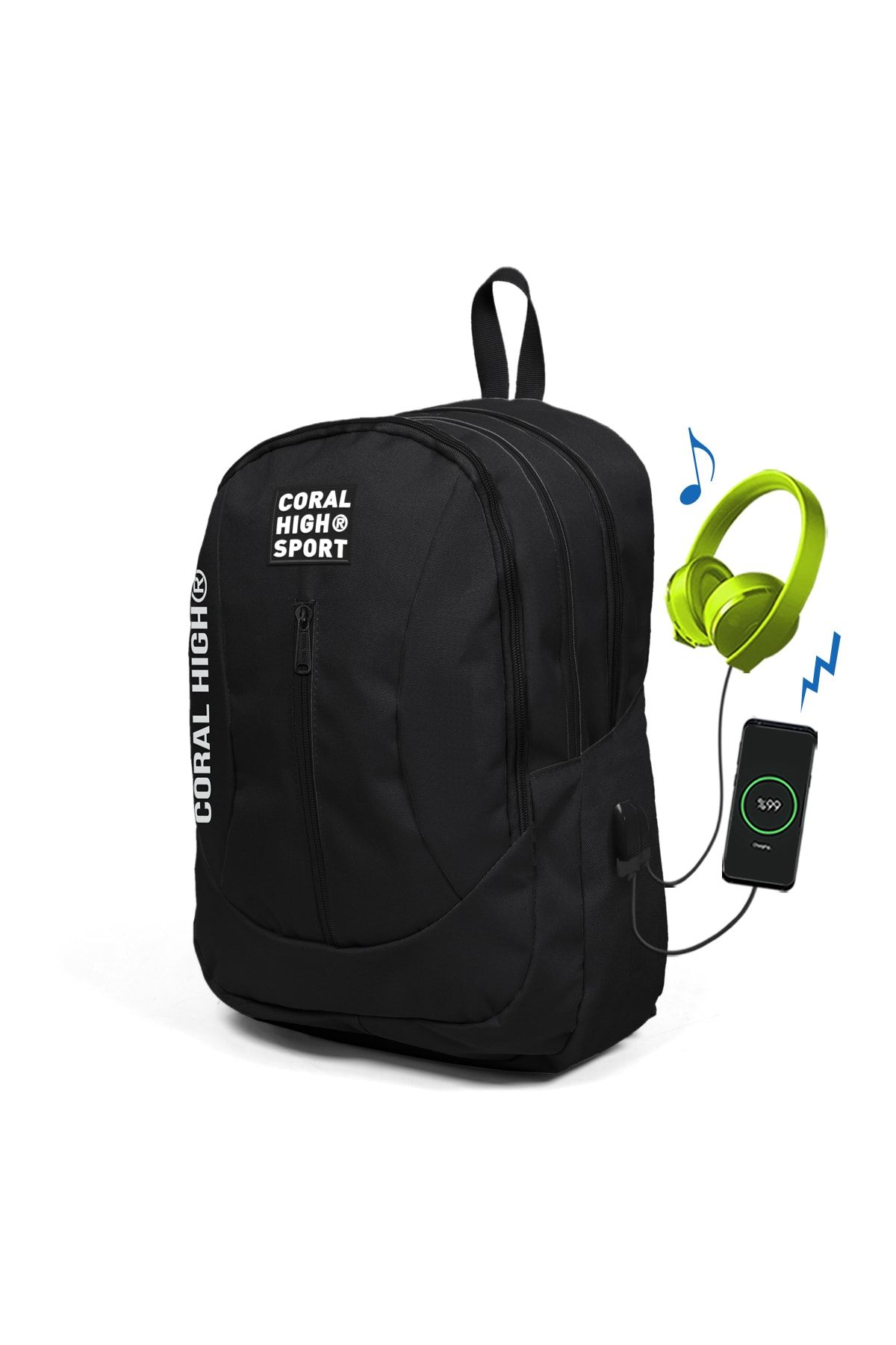 Coral High Sport Siyah Dört Bölmeli Usb Şarjlı Kulaklık Çıkışlı Sırt Çantası 23226