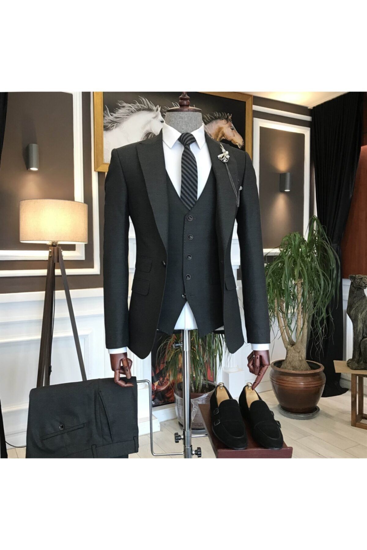 TerziAdemAltun İtalyan Stil Slim Fit Ekoseli Ceket Yelek Pantolon Takım Elbise Antrasit T6656