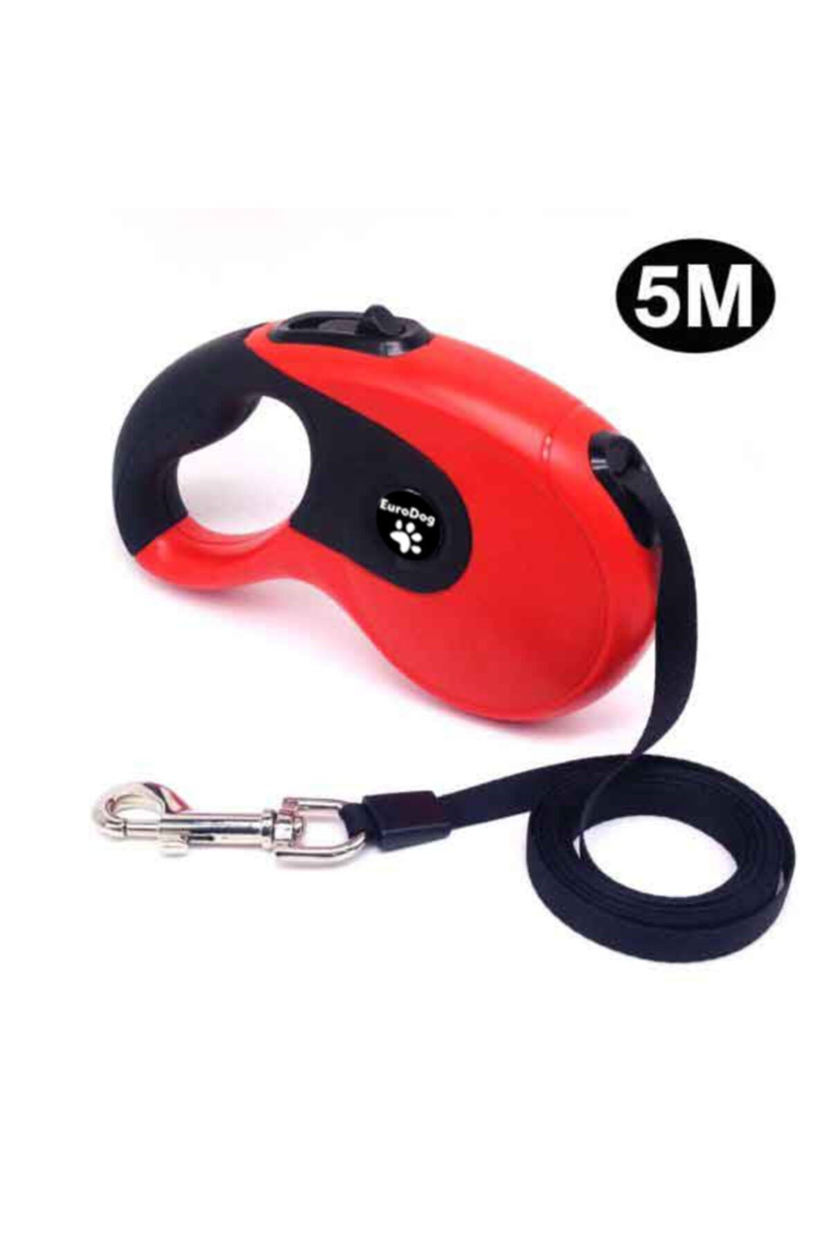 HİLALSHOP Eurodog Otomatik Şerit Köpek Gezdirme Tasması 5 Mt Siyah-kırmızı