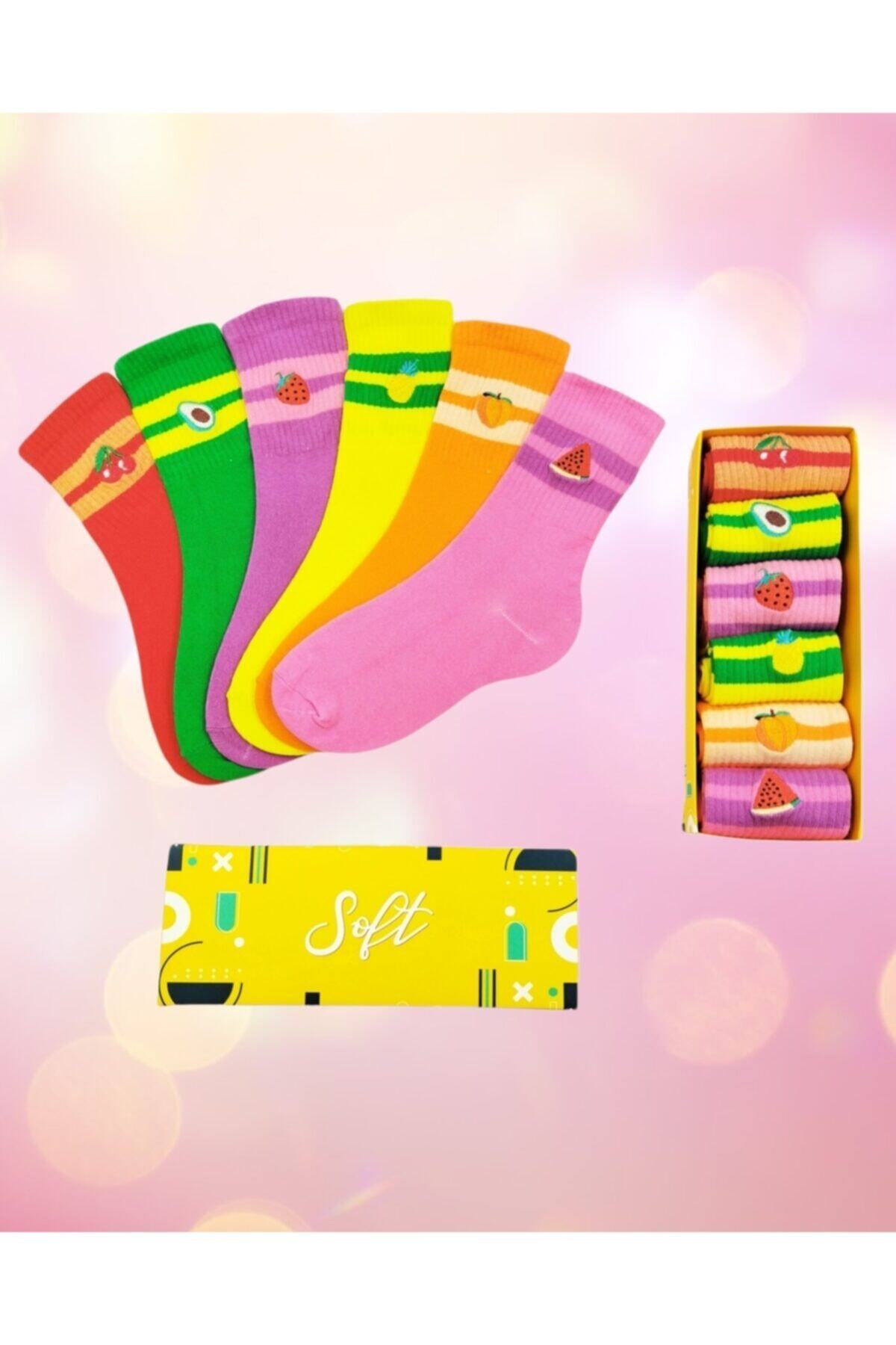 Soft Socks 6' Lı Meyve Nakışlı Renkli Çorap Kutusu