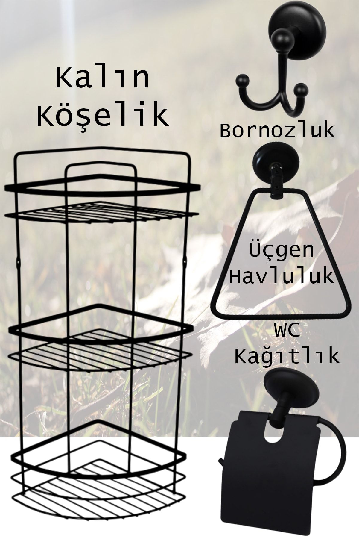 byconsmarkt Banyo Aksesuar Takımı Siyah Kalın Köşelik Üçgen Havluluk Bornozluk Wc Kağıtlık Tuvalet Kağıtlığı