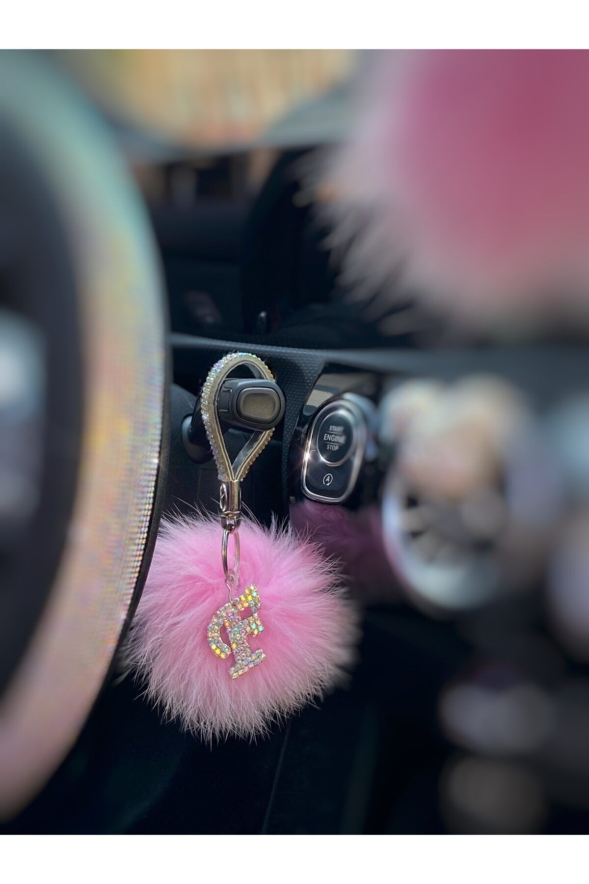 tasarım arabam Pembe Tilki Tüyü Swarovski Yaldızlı Taşlı Yaldızlı Logosuz Tabaka Taş Anahtralık