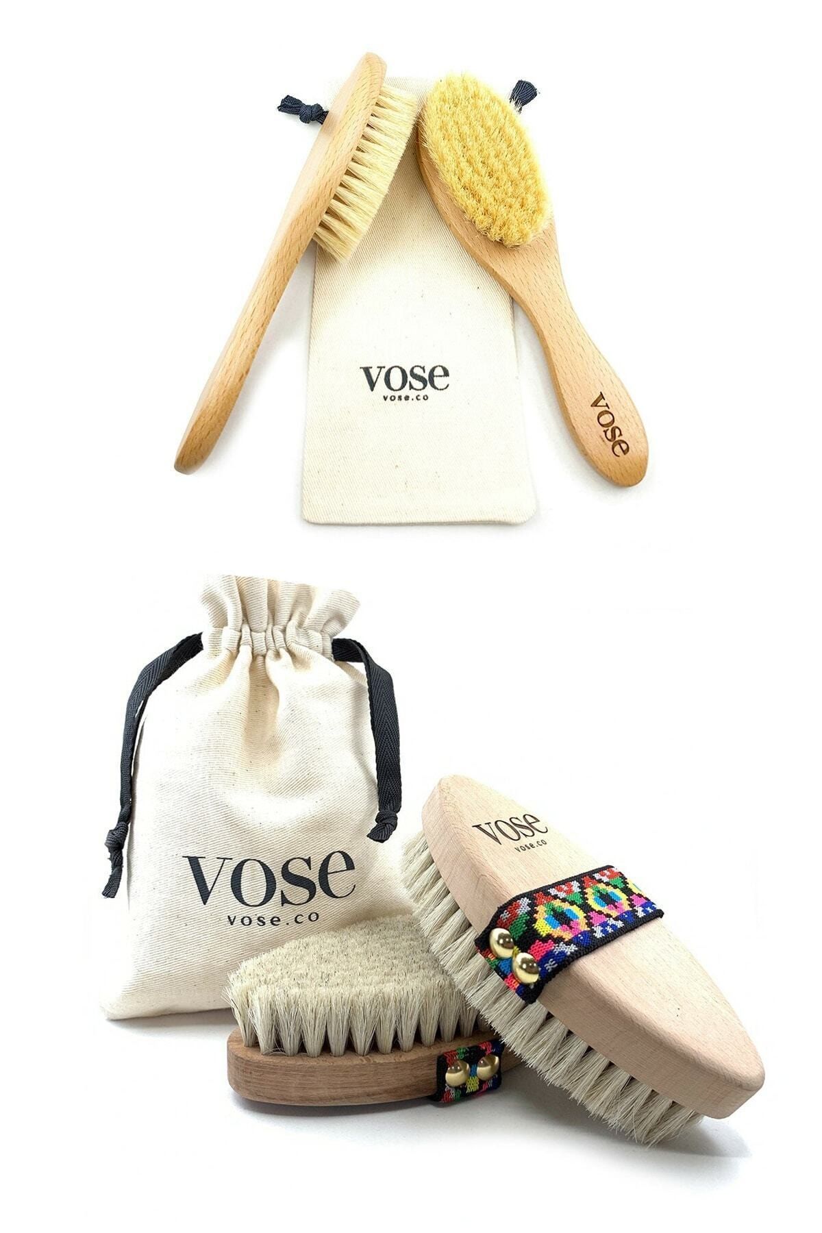 Vose Keçi Kılı Bebek Saçı Fırçası + At Kılı Vücut Fırçası (tulip)