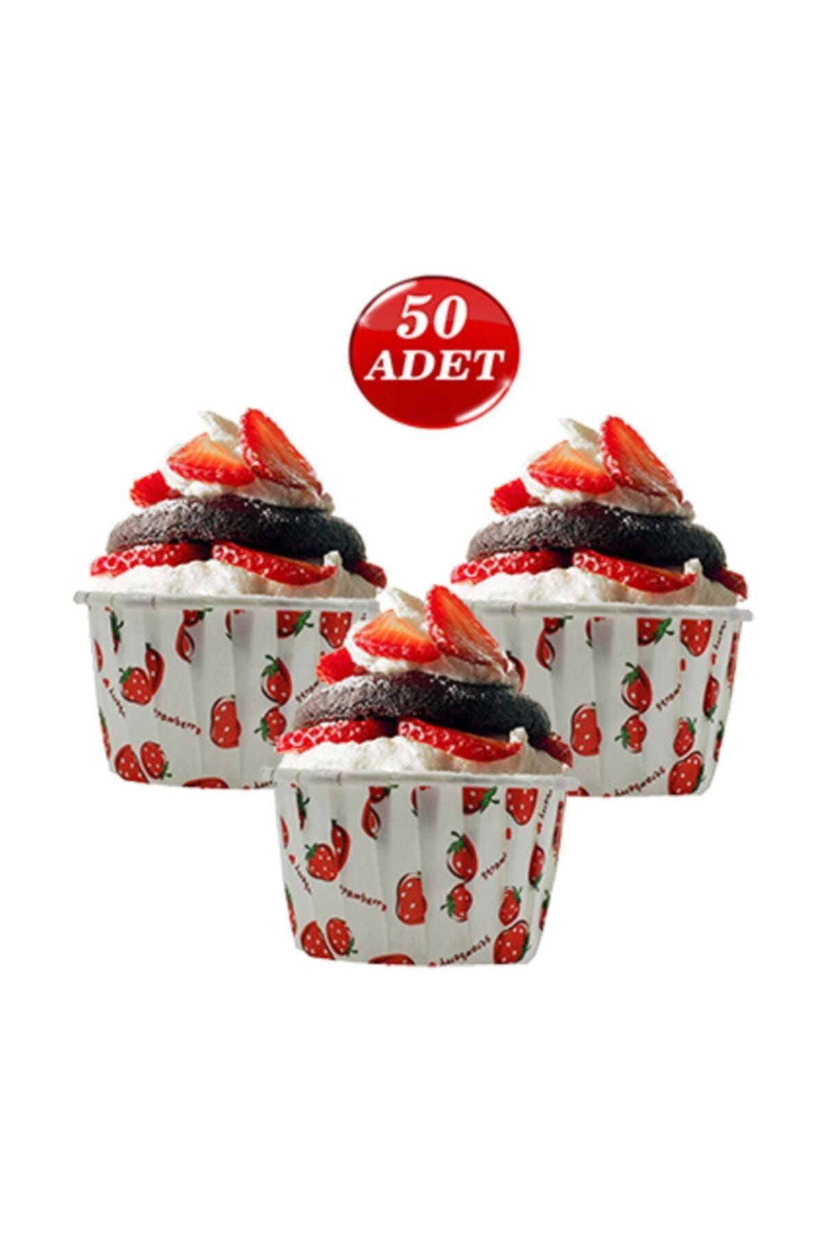 Pasta1001 Muffin Cupcake Mini Kek Kalıbı Kapsülü Çilek Desenli 44mm X 35mm (50 Adet)