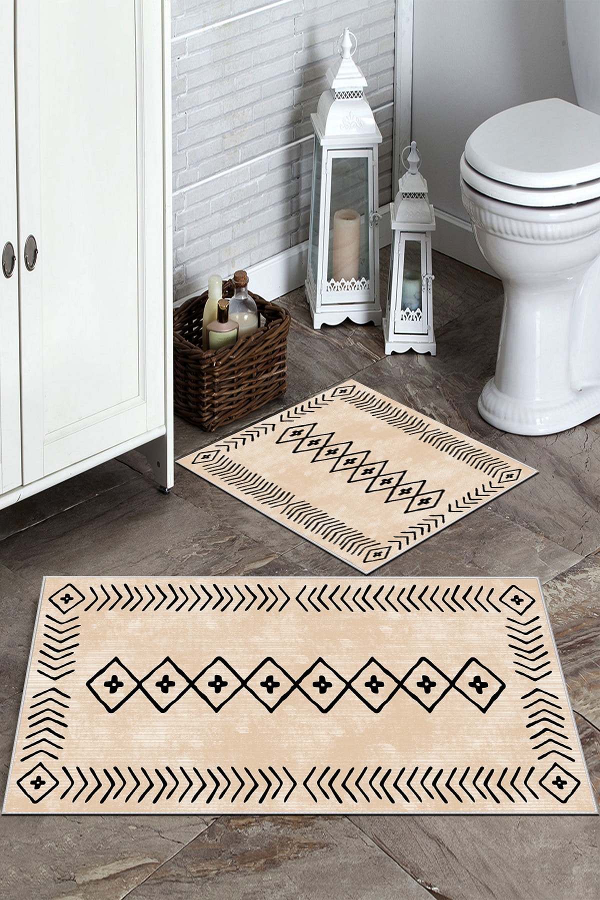 Halise Home Kaymaz Taban Yıkanabilir 2'li Set Krem Banyo Paspası Banyo Paspas Seti Klozet Takımı
