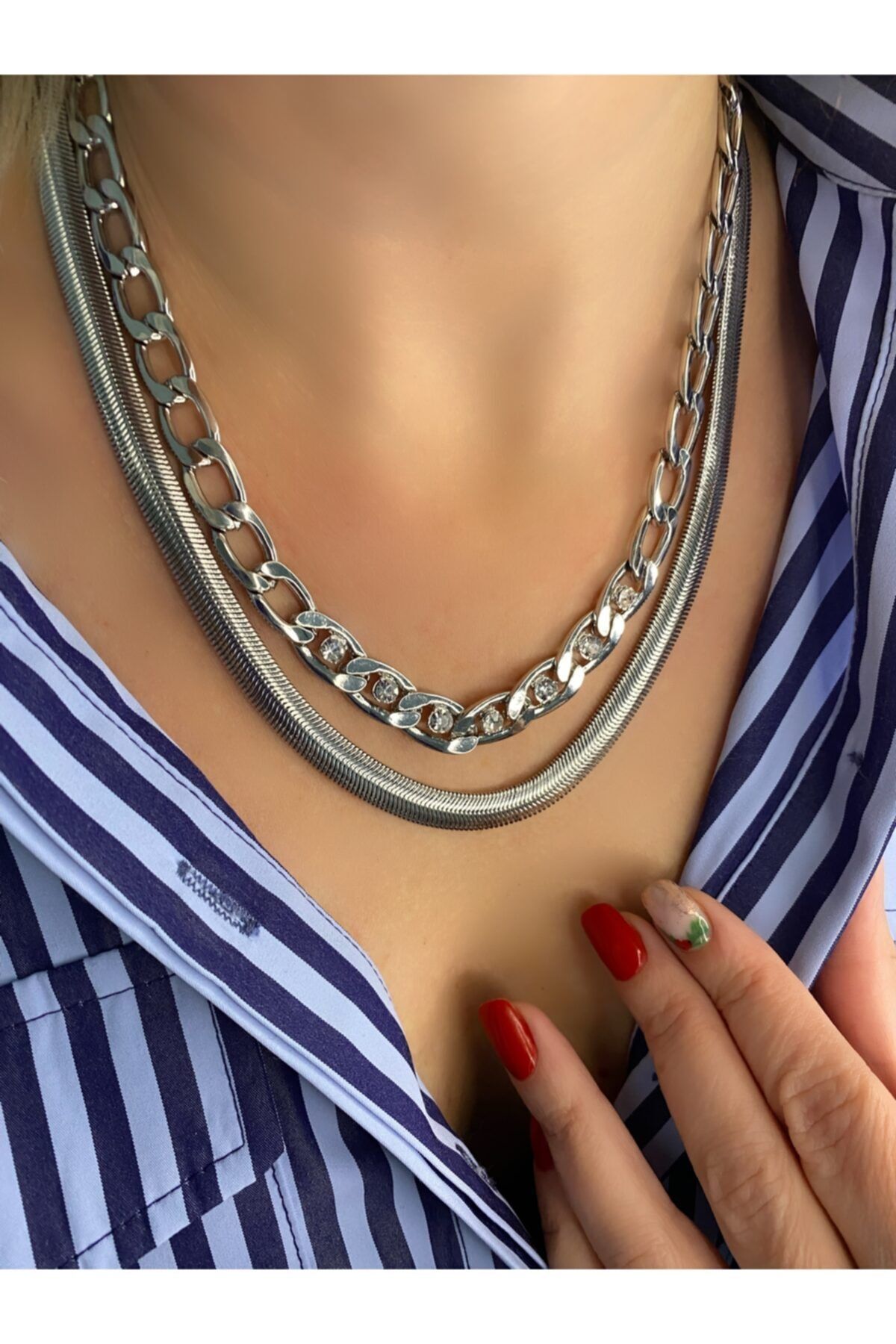 GOYA ACCESORIES Ikili Çoklu Kolye Kalın Italyan Kalın Zincir Silver