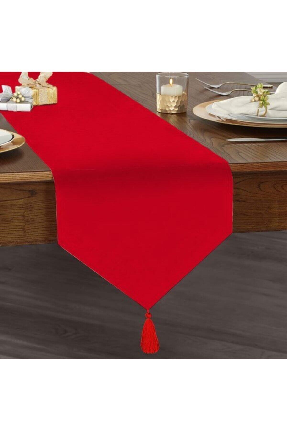 Sister Home Design Kırmızı Düz Renkli, Püsküllü Üçgen Runner & Ranir