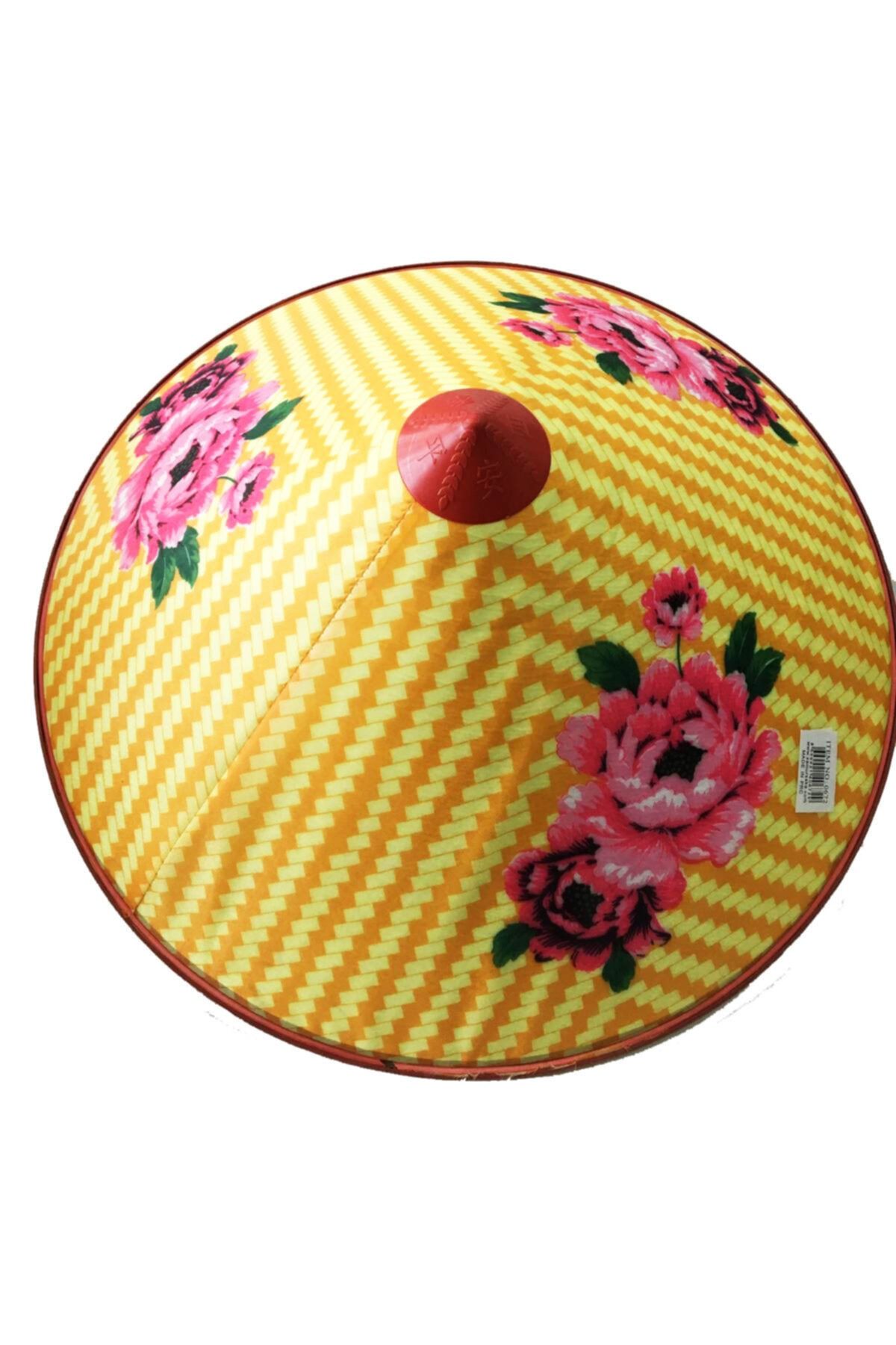 HİLALSHOP Pembe Çiçekli Saten Kaplama Sarı Vietnam Şapkası