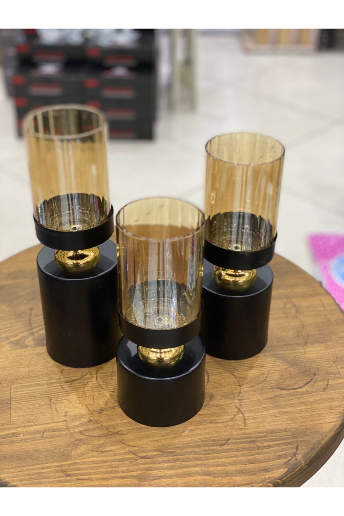 Hibana Metal Cam Lux Orta Boy 3 Lü Şamdan Set(9×21.5/9×24/9×27cm) Siyah
