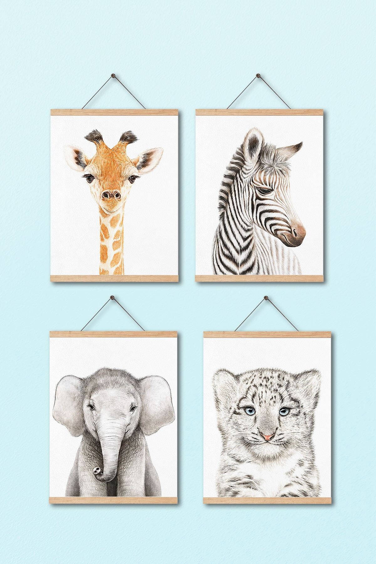 Dekor Loft Bebek Zürafa, Zebra, Fil Ve Beyaz Kaplan, Askılı Pu Deri Çocuk Odası Tablosu