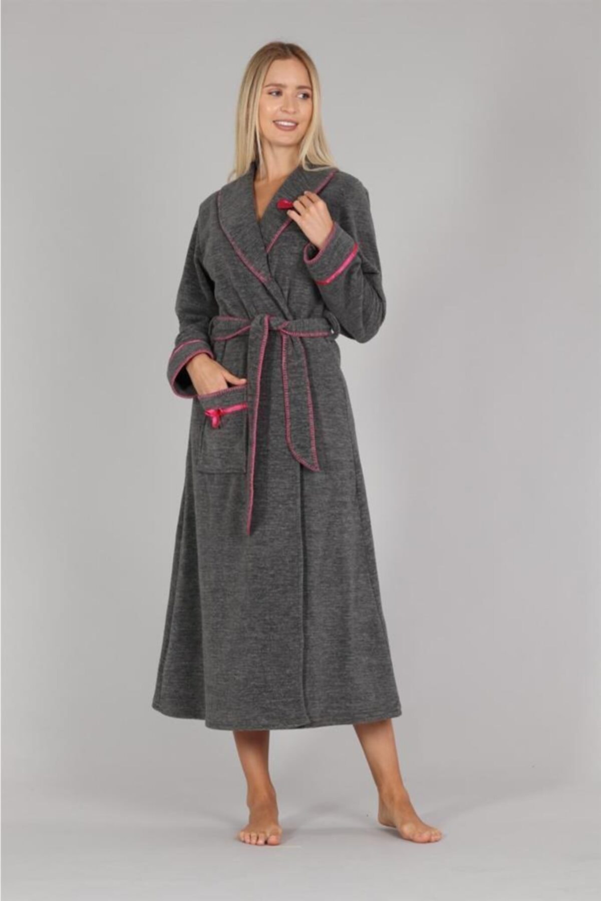 B One Kuşaklı Cepli Kışlık Uzun Polar Sabahlık