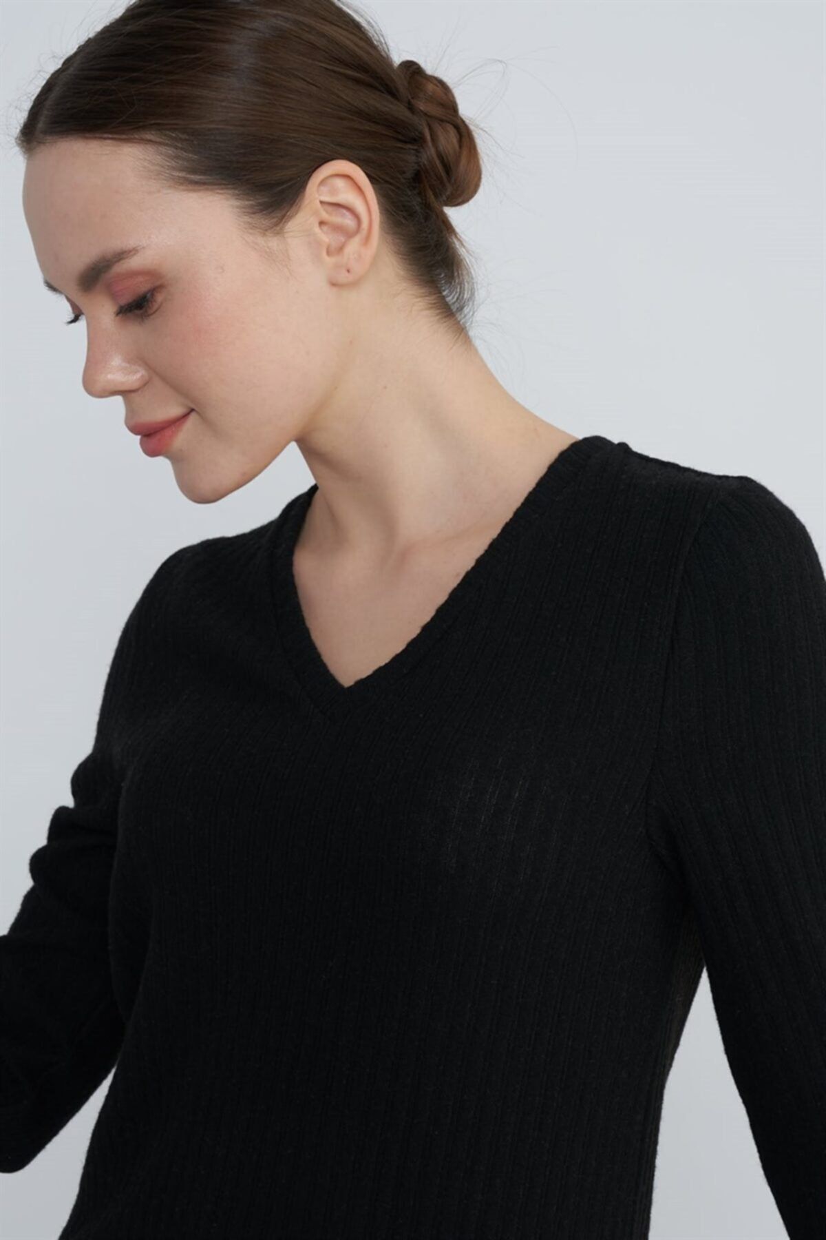 nalu Siyah Fitilli V Yaka Örme Comfort Bluz