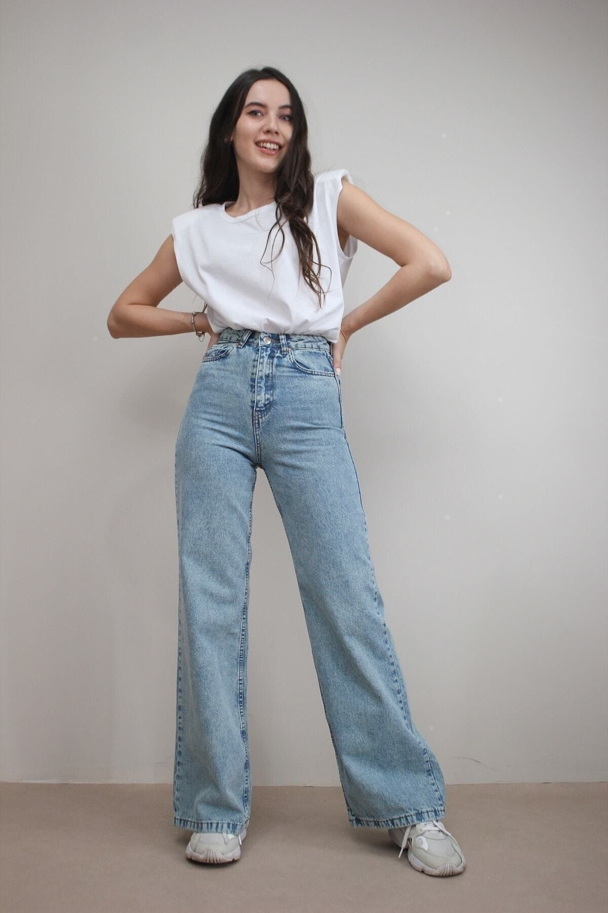 Livik Kadın Açık Mavi Kar Yıkama Yüksek Bel Bol Paça Denim Kot Pantolon