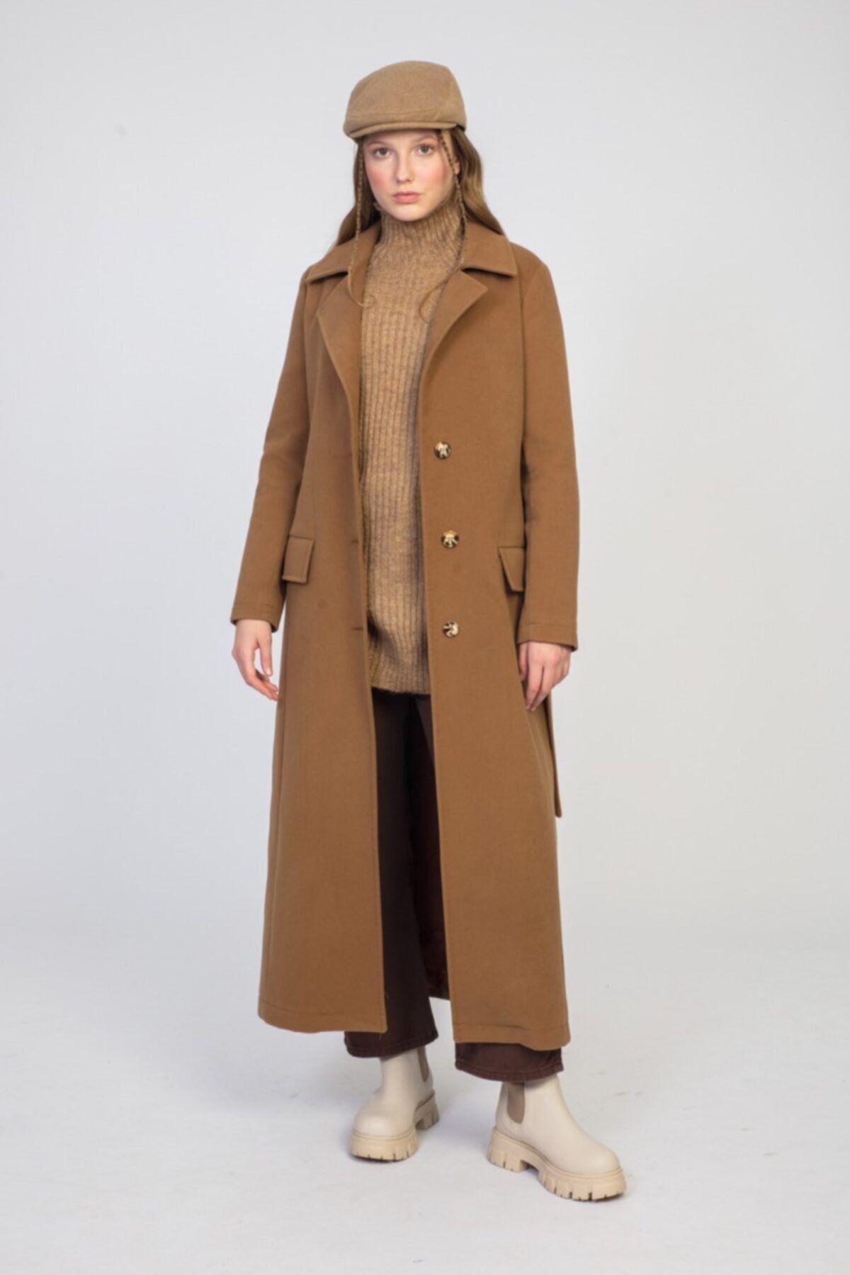 SİNDAL Kruvaze Kaşe Kaban 4-3294 Camel